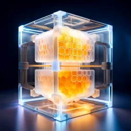 a futuristic translucent neurocube, inside the cube there are partitions made of honeycomb plates