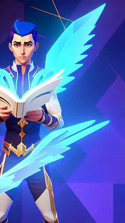 a human male with blue short hair and blue wings in assymetrical armor with geometric patterns and a book in hand, geometric wings