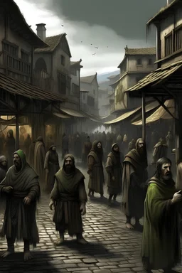 imagine a scene of an ancient europe humans with big depression on their faces in a old market big focus big fear low details realistic humans