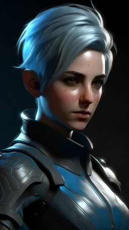 create a female air genasi from dungeons and dragons, dark gray short hair, light blue eyes, wind like hair, wearing hot leather clothing, realistic, from waist up, digital art, high resolution, strong lighting