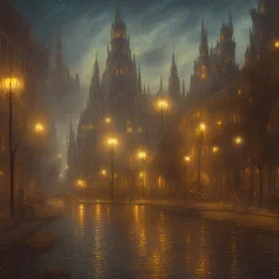 gothic painting of a city in a fantasy starry night photorealistic