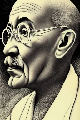 a vibrant ultraclear sideview waist up portrait of Ghandi, by rene magritte and laurie greasley, etching by gustave dore, colorful flat surreal, ethereal, intricate, sharp focus, illustration, highly detailed, digital painting, concept art, masterpiece