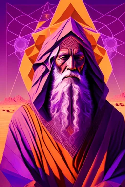 Portrait of Moses the patriarch in a zen mood the desert fantasy with sacred geometry in purple and orange tons
