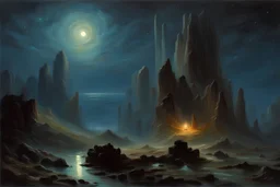 night, rocks, mountains, sci-fi, epic, charles leickert impressionism paintings