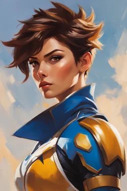 greg manchess portrait painting of Tracer from Overwatch as a Power Ranger, keep her color scheme, sao, medium shot, asymmetrical, profile picture, organic painting, sunny day, matte painting, bold shapes, hard edges, street art, trending on artstation, by huang guangjian and gil elvgren and sachin teng