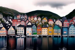 Colored pencil drawing, Very detailed, Realistic, Drawing of the colorfull houses in the city Bergen in Norway. Colorfull, professional, detailed, pencil strokes, calm composition, zoom out.