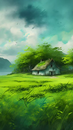 Painterly. Abstract. A cottage with a moss covered roof in a clearing. A willowy androgynous . Anomalous green cloud issuing forth from the heart. Simple yet majestic