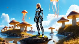 full body shot of a middle-aged, blond-haired woman in an exosuit, standing on a rock, on the shores of an alien world, with mushrooms with jellyfish tentacles floating in the air, photorealistic, Detailed Matte Painting, Deep Colour, Fantastical, Intricate Detail, sunshine, blue sky
