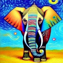 Dibujo al oleo de un elefante indio pintado con muchas nubes de colores estilo Vincent van Gogh