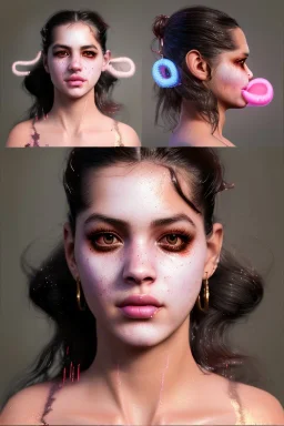 Realistic image, Rosalía artist, portrait, waist up portrait, long black eye line, sweet, gold and pink geisha style, spray glow make up, led lights, neon, led piercing nose, led ornament, fog, rain, bubble latex coat, vibrant color, highly detailed, art stations, concept art, smooth, unreal engine 5, god rays, ray tracing, RTX, lumen lighting, ultra detail, volumetric lighting, 3d, finely drawn, high definition, high resolution.