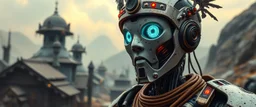 the first nation, robotic witchcraft, cyberpunk village, close up portrait of human captain astroid dweller
