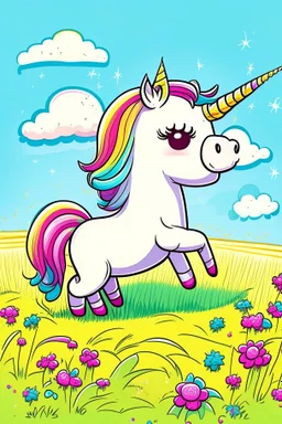 kids illustration, a cute unicorn playing in field, cartoon style, thick line, low details, vivid color