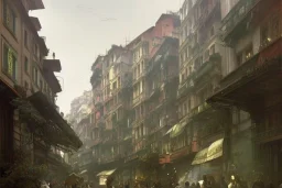 Train over corner building+Hanoi train+corner building +A greengrocer in colorful genoa street+Italian medieval town +Italian city sea+alphonse mucha, greg rutkowski,matte painting, cryengine, hyper detailed, felix kelly, fantasy art, seb mckinnon