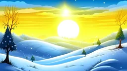 fantasy cartoon style: Upon a snowy hill. It is morning, the sun shines and the snow sparkles like tiny magical diamonds.