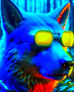 Wolf with futuristic science fiction glasses background forest complementary colors photo realistic artwork hyper-detailed 8k