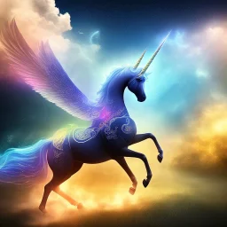  unicorn on luminous landscape, realistic, unicorn with glowing wings, glowing soft and smooth wings, shadow, highly detailed, intricate patterns on wings, soft studio lighting, smooth dark blue background 64k