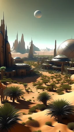 sci fi planet, desert city, gardens