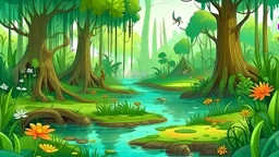 Cartoon illustration for children: Cenozoic swamp, millions of years ago, with towering prehistoric trees and strange ancient plants and flowers