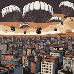 Ilustración estilo caricatura de paracaídas sobre ciudad bombardeada