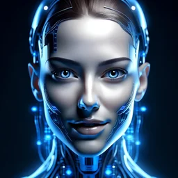 beautiful smiling cyborg woman face in full view, blue data and blue numbers flying around, photorealism, perfect composition, cinematic frame, complex details, hyper-detailed