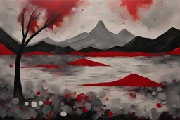 This painting is a colorful abstract artwork, featuring an array of grey tones and textures surrounded by various shapes and forms that create an interesting composition. In the background there are hints of a landscape with trees and mountains, while closer to the foreground there are splashes of red which could be interpreted as a bird in water. This piece has been created using acrylic paint on canvas, giving it an almost three-di