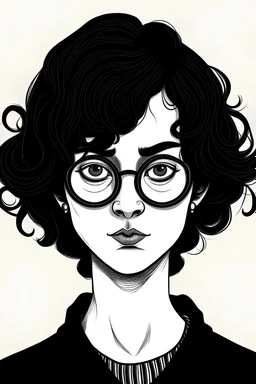 creates a drawing of a person with wavy shoulder-length black hair, with four eyes, all black, wearing circus-style clothing.without glasses and with more eyes