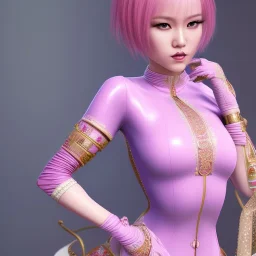  Asian woman, pink short hair, leaning pose, latex suit, realistic body, full body, portrait, high lighting, intricate detail ,