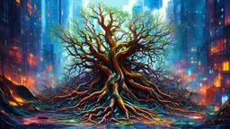 A vivid color image of a whimsical composed of intricate organic shapes, textures, and patterns resembling roots, branches, and other natural elements, set against a chaotic cityscape with an overall composition that has a futuristic quality