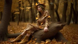 woman in clothes made of tiny autumn leaves, legs and arms made from branches, sitting next to a tree stump, in an autumn wood