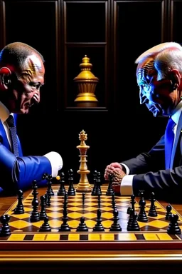 Vladimir Poutine playing chess against Joe Biden in hell, with The devil as referee