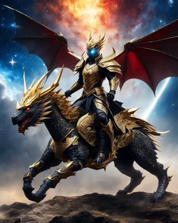 Full body photography of King Cyborg army, riding a flying dragon in the sky, using luxurious battle armor design, made of black and gold metal plates, metal crafts with radiant diamond luster, on the outer surface luxury decoration of very small diamond stones, red diamond stones, Milky Way galaxy background