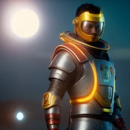 portrait, eternal samurai fusion space suit, floating in space, sun burning bright in background, neon light, 8k, 3d, blender