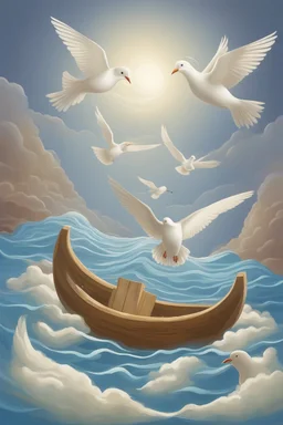 The flood, the Ark floats in the open sea, a dove flies in the sky with an olive branch in its beak