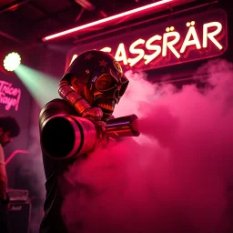 A exhaust pipe performing at dance club, his name is "exhaust pipe" and looks crazy, looks very aggressive look, Neon lights and smog, "AVGASRÖR" SIGN ON WALL