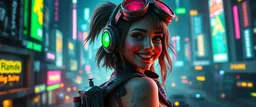cyberpunk space city, in valley, close up on realistic A charming smiling space pirate hi class girl with disco ball rocket shooting sparks backpack , Blew a fuse in his hips and short-circuited his bits, The Martian fluffy gremlins went wild, the Plutonians dogs screamed, Even black-and-white aliens turned ultraviolet green! in the style of fallout 4 and HR Giger, background motion blur , and volume spot lights