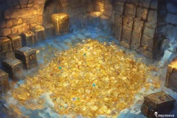 dnd, fantasy, watercolour, large strokes, stylistic, large and deep dungeon, piles of gold, chests full of gold, various gems, various riches, opulent, grandiose