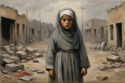 Grey sky, crying little palestinian girls wearing kuffeah and palestinian clothes, rocks, destroyed buildings , emotional influence, friedrich eckenfelder and willem maris impressionism paintings