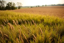 a short wild grass clearing next to an ideal farm field, sunny day, product photo setting, mid-level horizon