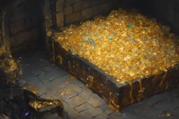 dnd, fantasy, watercolour, large strokes, stylistic, large and deep dungeon, piles of gold, chests full of gold, various gems, various riches, opulent, grandiose