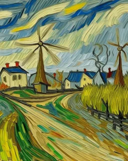 A white village with windmills in a windstorm painted by Vincent van Gogh