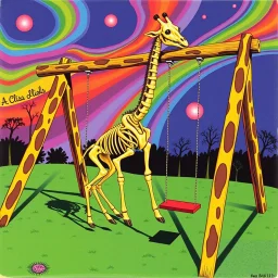 cover art for a sixties British psychedelic rock album, featuring a groovy acid-inspired dream of a playground swing-set made out of a giraffe skeleton, illustration