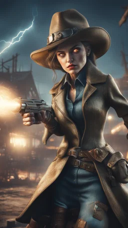 flashy magazine cover illustration, fallout 4 docks setting, horror weird cowboy wizard alien in female garments,spinning revolver, getting hit by lightening electric arc, with big disturbed eyes,bokeh like f/0.8, tilt-shift lens 8k, high detail, smooth render, down-light, unreal engine, prize winning