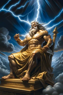 "Behold the majestic figure of Zeus, ruler of the heavens, as he sits upon his throne of clouds, his lightning bolt in hand, ready to strike down any who dare challenge his divine authority."