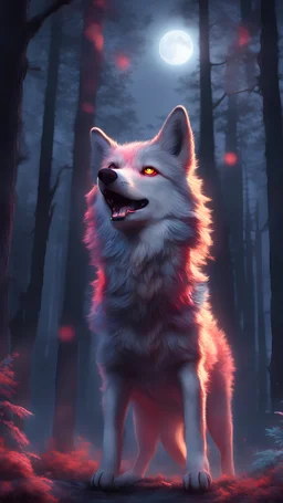 Kawaii, cute Wolf, bully, All Body howling at the Moon, Horror lighting with red, yellow pink and blue colors, in the night forest, Caricature, Realism, Beautiful, Delicate Shades, Lights, Intricate, CGI, Botanical Art, Animal Art, Art Decoration, Realism, 4K , Detailed drawing, Depth of field, Digital painting, Computer graphics, Raw photo, HDR