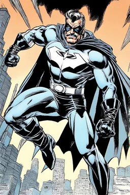 in the art style of neal adams -- an extremely muscular superhero man wearing a black, skintight, formfitting cowl, a black, skintight, formfitting, Kevlar bodysuit, Silver Wrist Gauntlets, Silver Belt, Silver knee-high boots, black gloves, silver "M" logo on the chest, a mustache and goatee, black gloves,