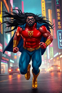A giant, muscular man with long, flowing, black hair that is blowing in the breeze and blue eyes, goatee, Running on the streets in the neon lit, futuristic City of Xanadu prime, he is wearing a red body suit that forms to his muscular frame, he also wears tight blue trunks on the outside of the suit, he has a gold lightning belt, gold wrist gauntlets, he wears gold, knee-high boots, he wears a blue cape, he has the symbol of Xanadu Prime on his chest, and a thin black leather bandit eye mask,