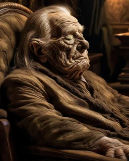 a chubby really old decomposing male mummy, looks similar to donald trump, eyes closed, leaned over in a brown chair