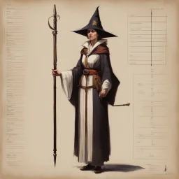 ConceptSheet [by Guy Borremans]: woman wizard and her long rod with AD&D statistics