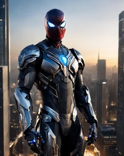 Create an image of a Spider-Man Robot in a highly detailed and advanced armored suit, similar to the one shown but with even more intricate designs and cool features. The armor should have a sleek, futuristic look with glowing elements and enhanced gadgets visible on the suit. The setting is at dusk in an urban environment, with the character standing on a high-rise building overlooking a cityscape that reflects the advanced technology of the world they are protecting.