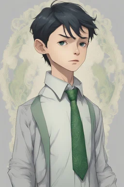 11-year-old, boy, medium length hair, black hair, grey colored eyes, grey iris, olive skin tone, good-looking, carelessly handsome, slightly spoiled, haughty look on his face, wealthy, aristocratic, high cheekbones, thin, toned, green paisley tie,